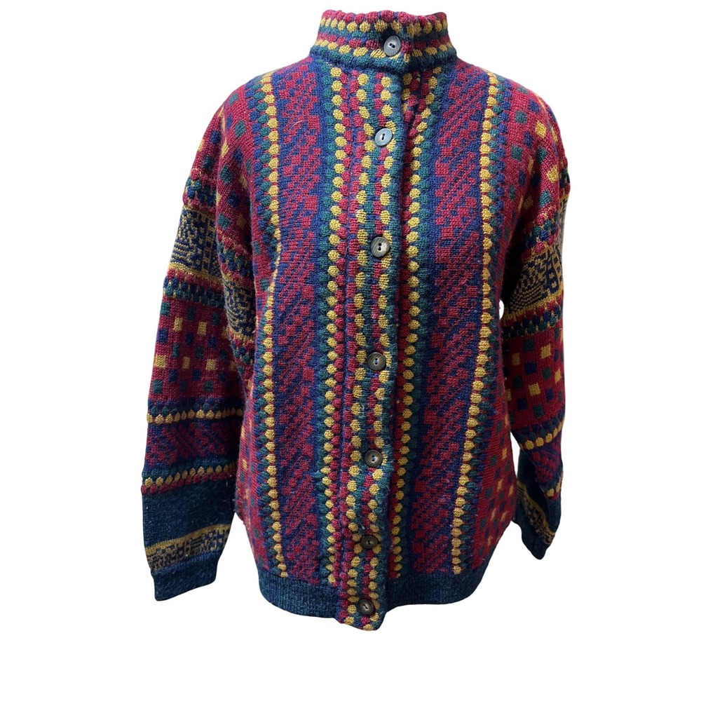 Jayson Younger Vintage Geometric Fair Isle Mock Neck Button Cardigan M Sweater